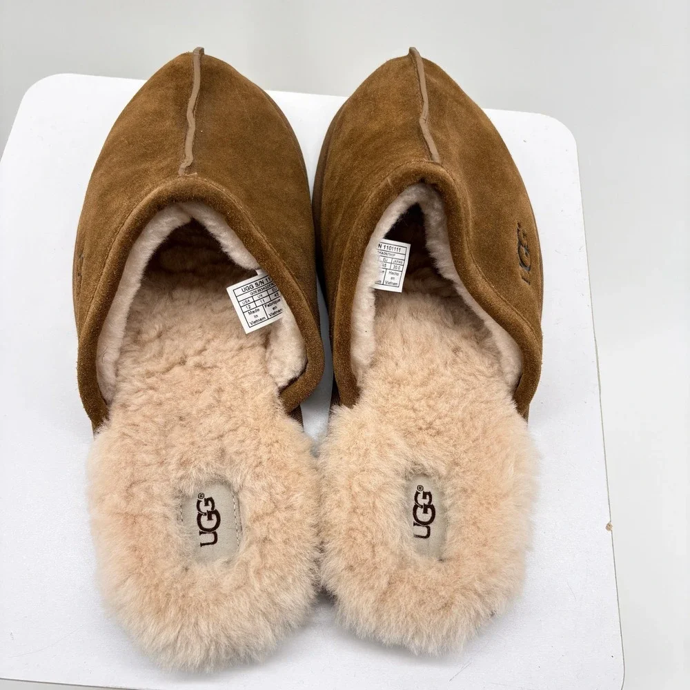 UGG Scuff Suede Slippers Chestnut Brown Sheepskin Lining Mens 12 1101111 Comfy